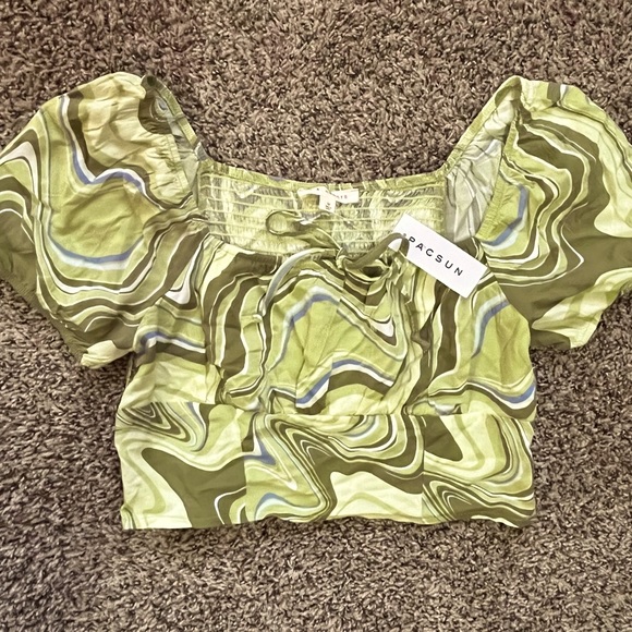 NWT!! PacSun puff sleeve scrunch tie crop top: green/ white/ blue wave pattern - Picture 2 of 6